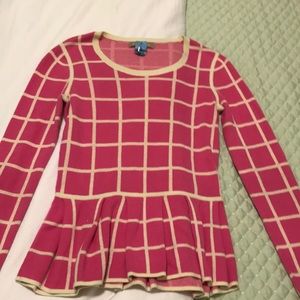 Pink and White Windowpane Peplum Sweater